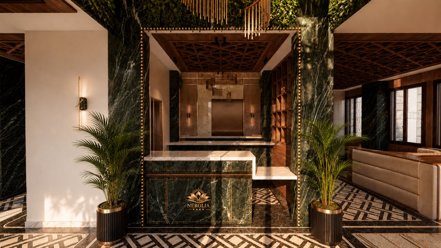Hôtel de luxe — Réception — comptoir en marbre vert