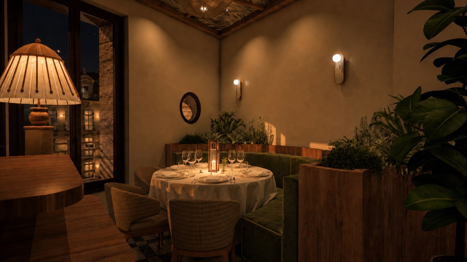 Hôtel de luxe — Restaurant — table d’angle et jardinières