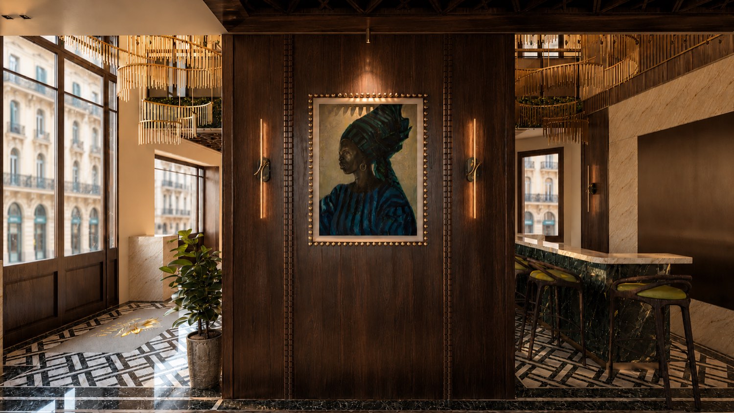Hôtel de luxe — Bar — comptoir haut et claustras de laiton
