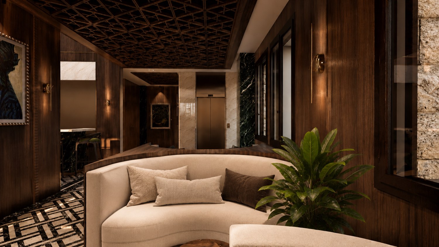Hôtel de luxe — Salon — canapé courbe sous plafond ajouré