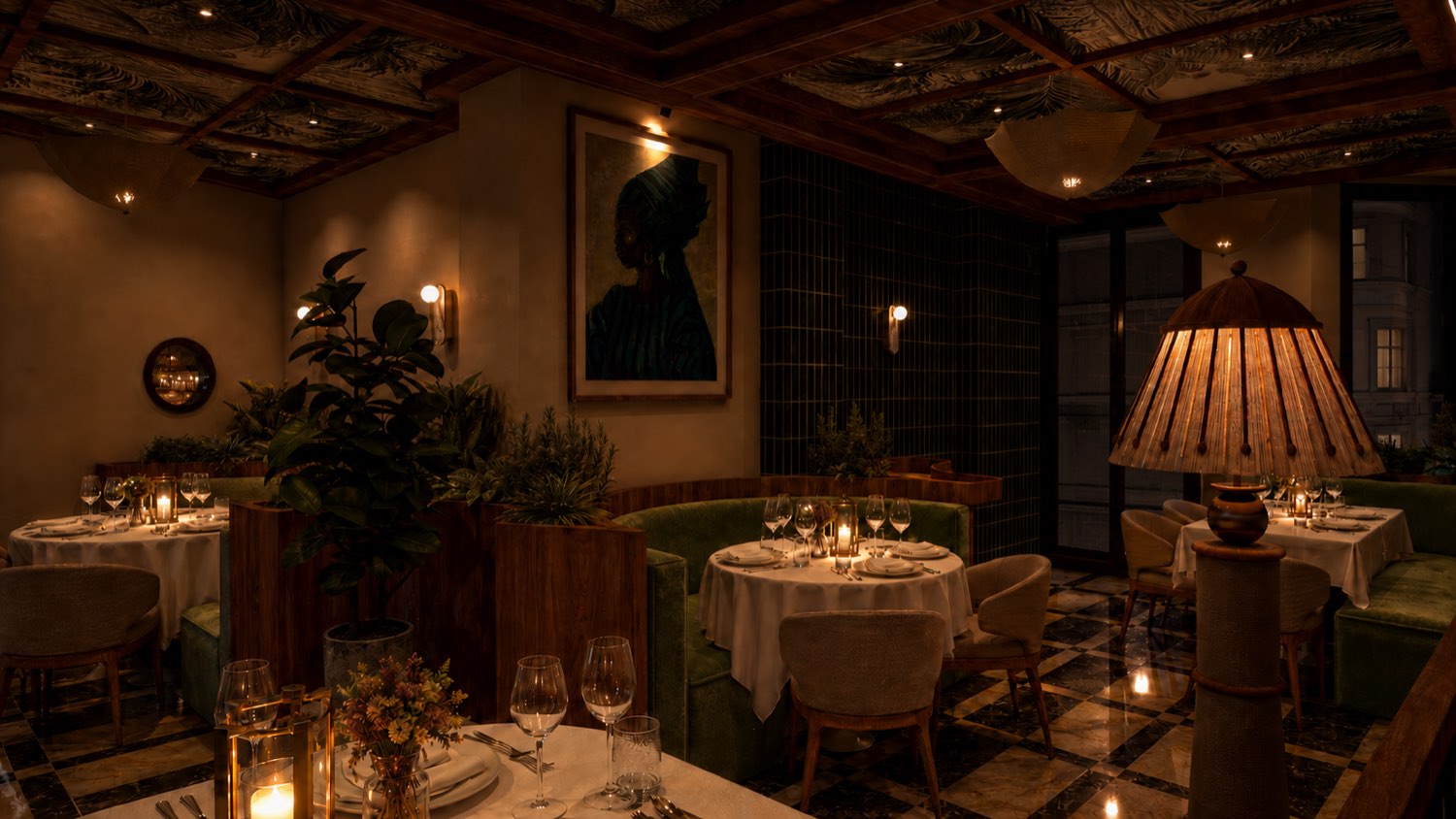Hôtel de luxe — Restaurant — banquettes vertes
