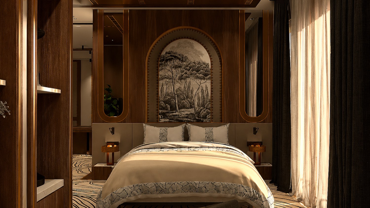 Hôtel de luxe — Chambre — tête de lit cintrée