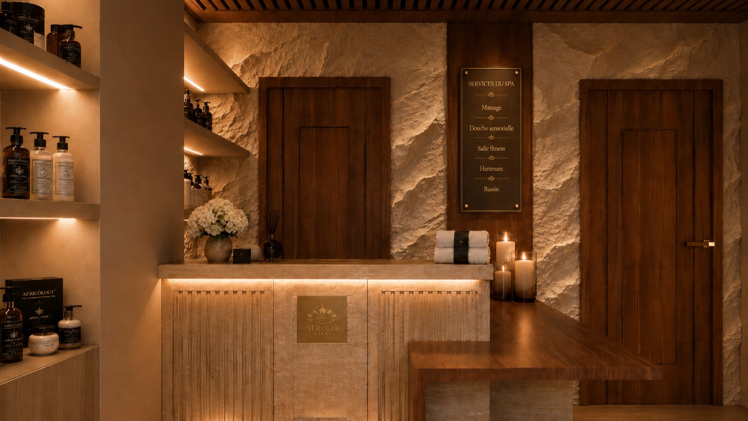 Hôtel de luxe — Spa — comptoir en travertin