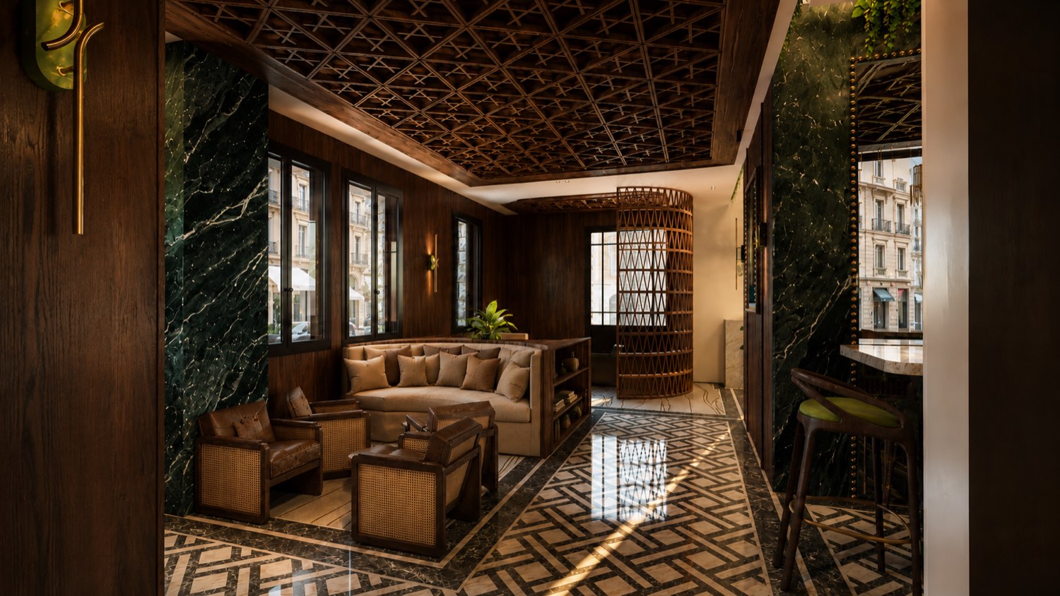 Hôtel de luxe — Salon — marbre vert et assises en cuir