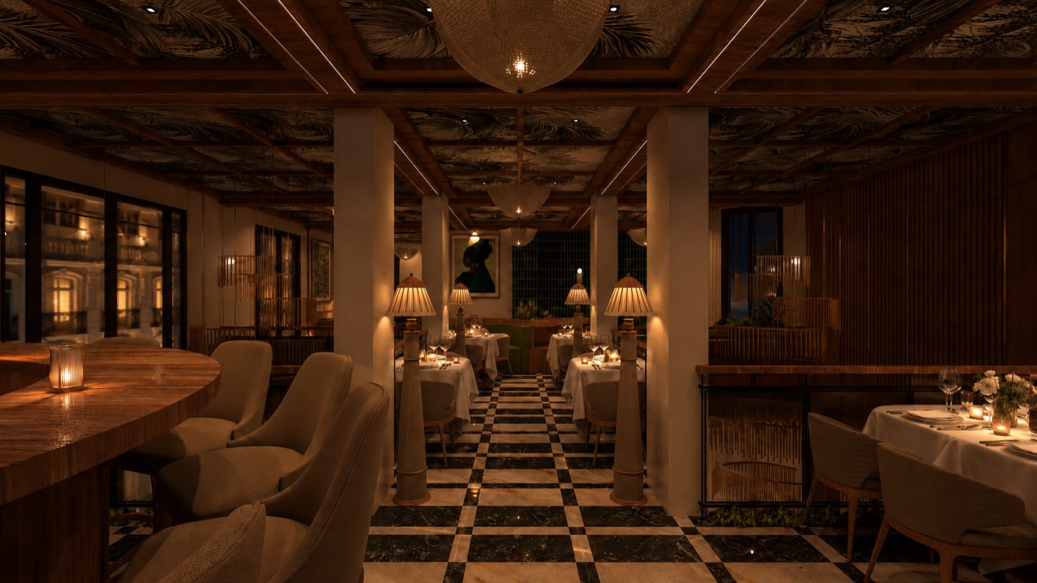Hôtel de luxe — Restaurant — enfilade de tables
