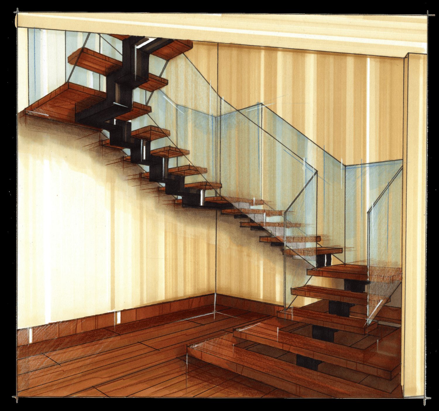 Escalier suspendu — perspective à la main